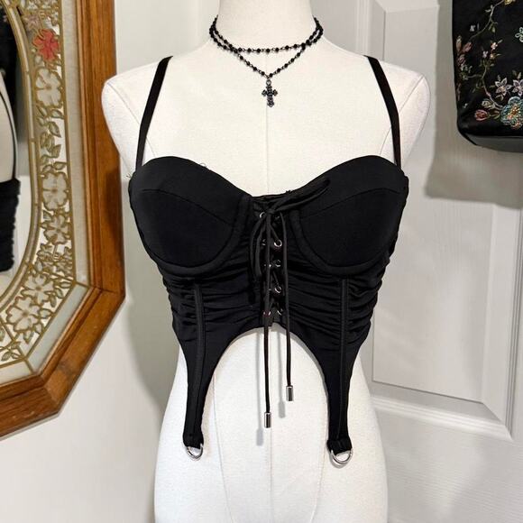 36 Point 5 Black Ruched Cropped Lace Up Bustier Top w Boning & Silver Hardware L - Picture 1 of 7